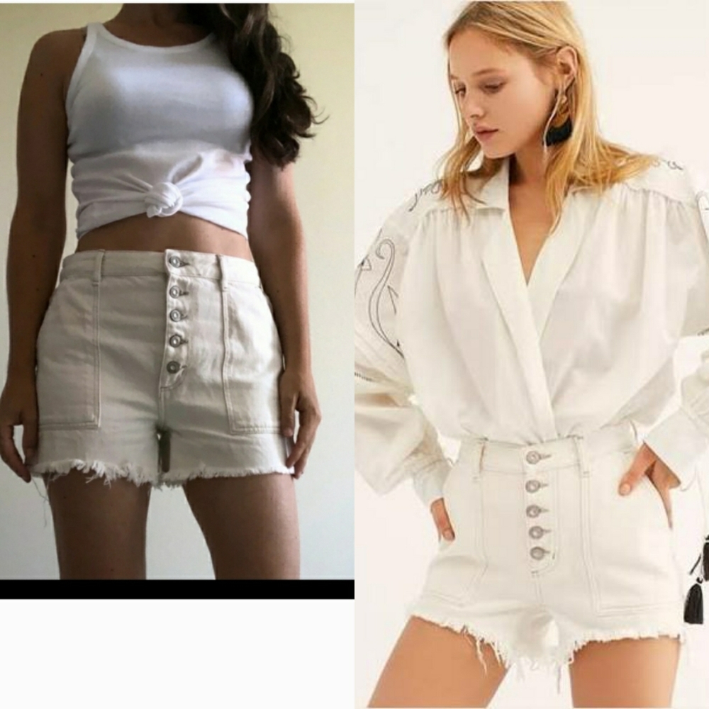 We the Free by Free People Jesse Cream Carpenter Distressed Shorts Size 30
